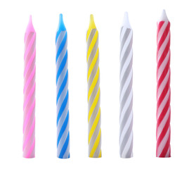 Set of colorful striped birthday candles isolated on white