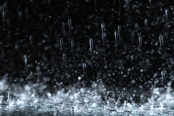 Heavy rain falling down on ground against dark background - obrazy, fototapety, plakaty