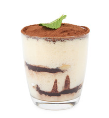 Delicious tiramisu cake in glass with mint isolated on white