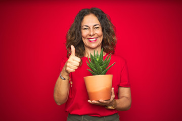 Middle age senior woman holding green cactus over red isolated background happy with big smile doing ok sign, thumb up with fingers, excellent sign