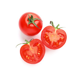 Cut fresh cherry tomatoes isolated on white