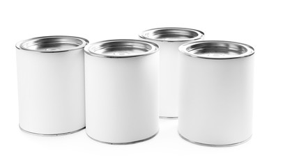 Closed blank cans of paint isolated on white