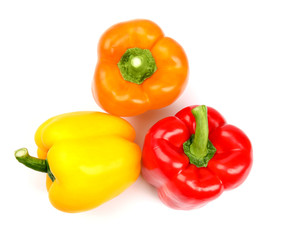Fresh ripe bell peppers on white background, top view