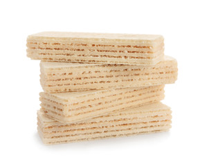 Delicious crispy wafers on white background. Sweet food