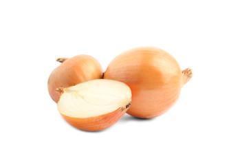 Fresh onions on white background. Ripe vegetable