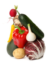 Many different delicious vegetables on white background