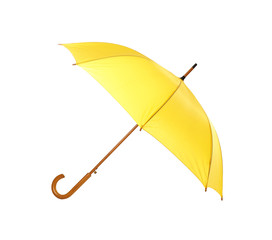 Modern opened yellow umbrella isolated on white