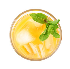 Delicious refreshing peach cocktail in glass on white background, top view