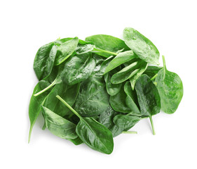 Heap of fresh green healthy baby spinach leaves isolated on white, top view