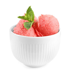 Delicious strawberry ice cream with mint in dessert bowl on white background