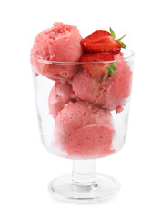 Delicious strawberry ice cream in dessert bowl on white background