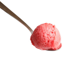 Spoon with scoop of delicious strawberry ice cream on white background