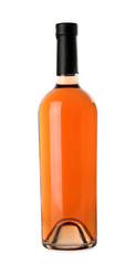 Bottles of delicious rose wine on white background. Mockup for design