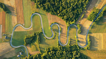 Drone aerial view - windy road in summer