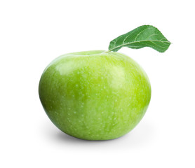 Fresh ripe green apple with leaf on white background
