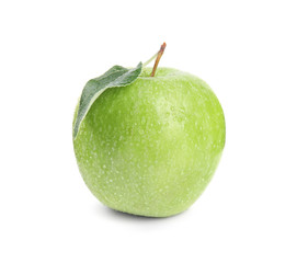 Fresh ripe green apple with water drops and leaf on white background
