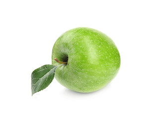 Fresh ripe green apple with leaf on white background