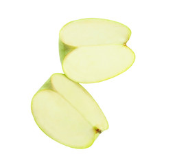 Pieces of fresh green apple on white background, top view