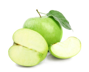 Fresh ripe green apples with leaf on white background