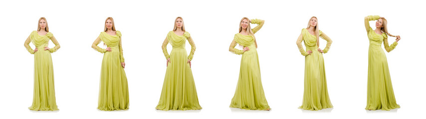 Naklejka premium Young woman in elegant long green dress isolated on white