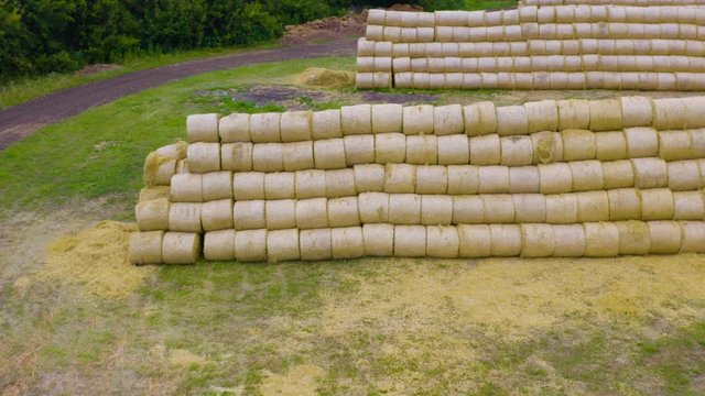 Aerial side view of the roll haystacks
