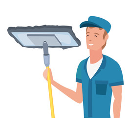 worker cleaning man mop vector ilustration