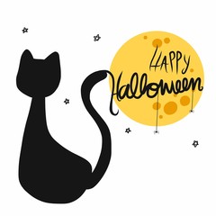 Happy Halloween black cat and full moon cartoon vector illustration