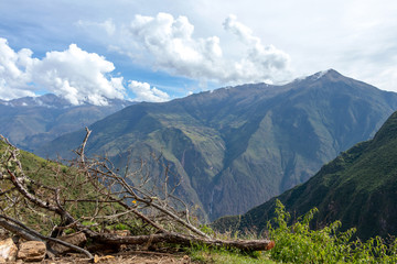 Landscape with green deep valley, Apurimac River canyon, Peruvian Andes mountains on Choquequirao trek in Peru