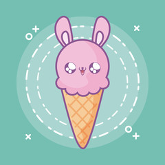 delicious ice cream in cone with face rabbit kawaii style