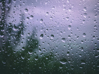 Drops of water in a cabin's window with a tree at the background