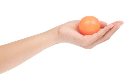 hand holding fruit toy plastic isolated on white background