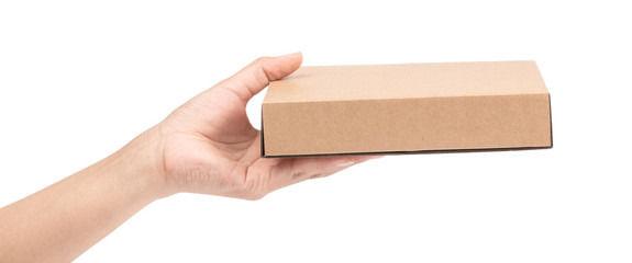 hand holding brown paper box package isolated on white background