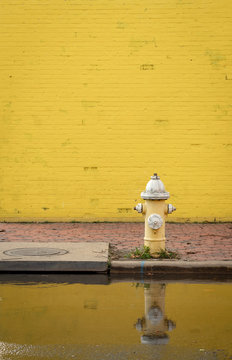 Yellow Brick Wall with Fire Hydrant on Flooded Street