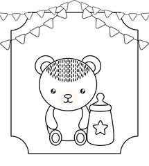 cute little bear baby with bottle milk and garlands hanging