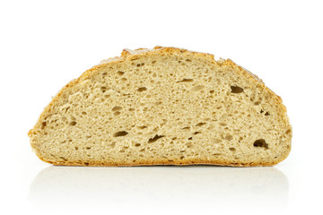 One half of fresh baked rye wheat bread cross section isolated on white background