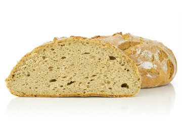 Group of one whole one half of fresh baked rye wheat bread cross section isolated on white background