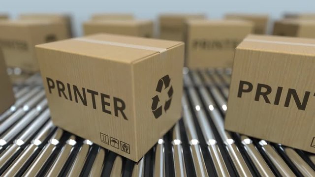 Cartons with printers on roller conveyors. Loopable 3D animation