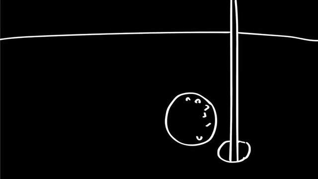 2d Animation motion graphics black and white drawing of a golf ball sinking in hole in one in par 3 hole on white and black screen in HD high definition.