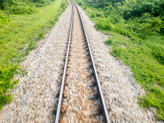 Obraz premium Speed movement of the rail way a long the jungle. Concept of travel by the train.