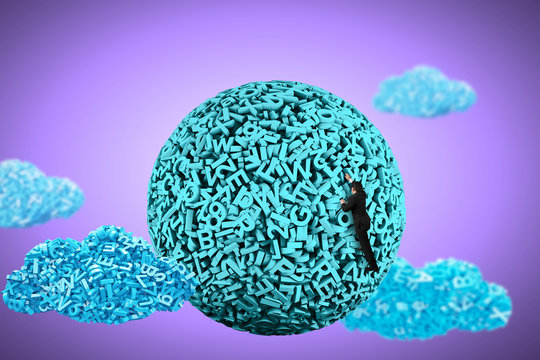 Big data concept. Business man climbing on blue green ball of huge amount 3d letters and numbers, with blue data clouds on purple background.
