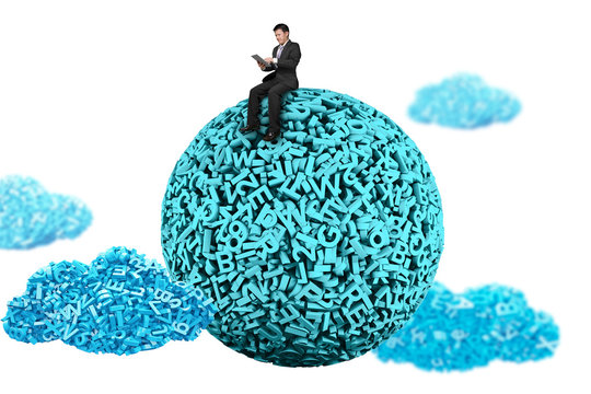 Big Data Concept. Business Man Sitting On Blue Green Ball Of Huge Amount 3d Letters And Numbers, With Blue Data Clouds On White Background.