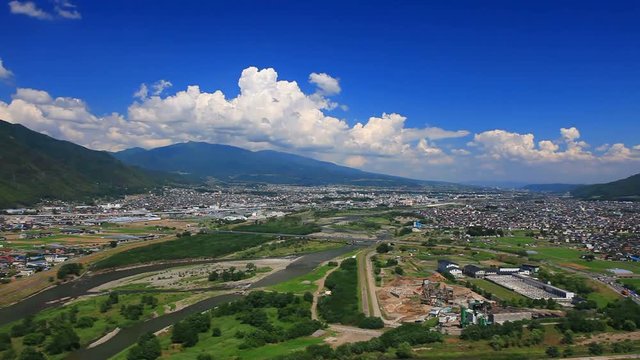 Zoom out of Chikuma River, Ueda City and Uedahara, Japan