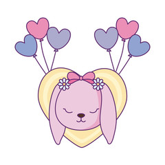 head of cute little bunny baby in heart and balloons helium