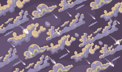 Horizontal banner with clouds and meteorites. Vector template.