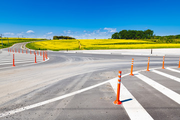 菜の花畑と道路のガイドポスト