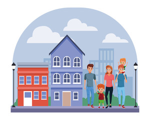 Family young parents with children cartoon