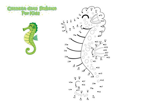 Vector Connect The Dots and Draw Cute Cartoon Seahorse. Educational Game for Kids. Vector Illustration With Cartoon Style Funny Sea Animal