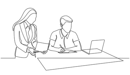 Continuous line drawing of businessmen and businesswomen discuss their strategies with laptops in the office. Talk and discuss something. Business meeting in office isolated on white background.
