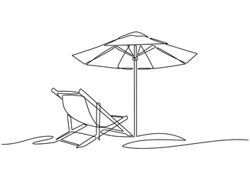 Continuous line drawing of beach umbrella and chairs. summer vacation concept. Coast of the sea, umbrella, chaise longue. Summer background illustration for beach holiday isolated on white background. - obrazy, fototapety, plakaty