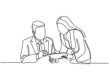 Continuous line drawing of businessmen and businesswomen discuss their strategies with laptops in the office. Talk and discuss something. Business meeting in office isolated on white background.